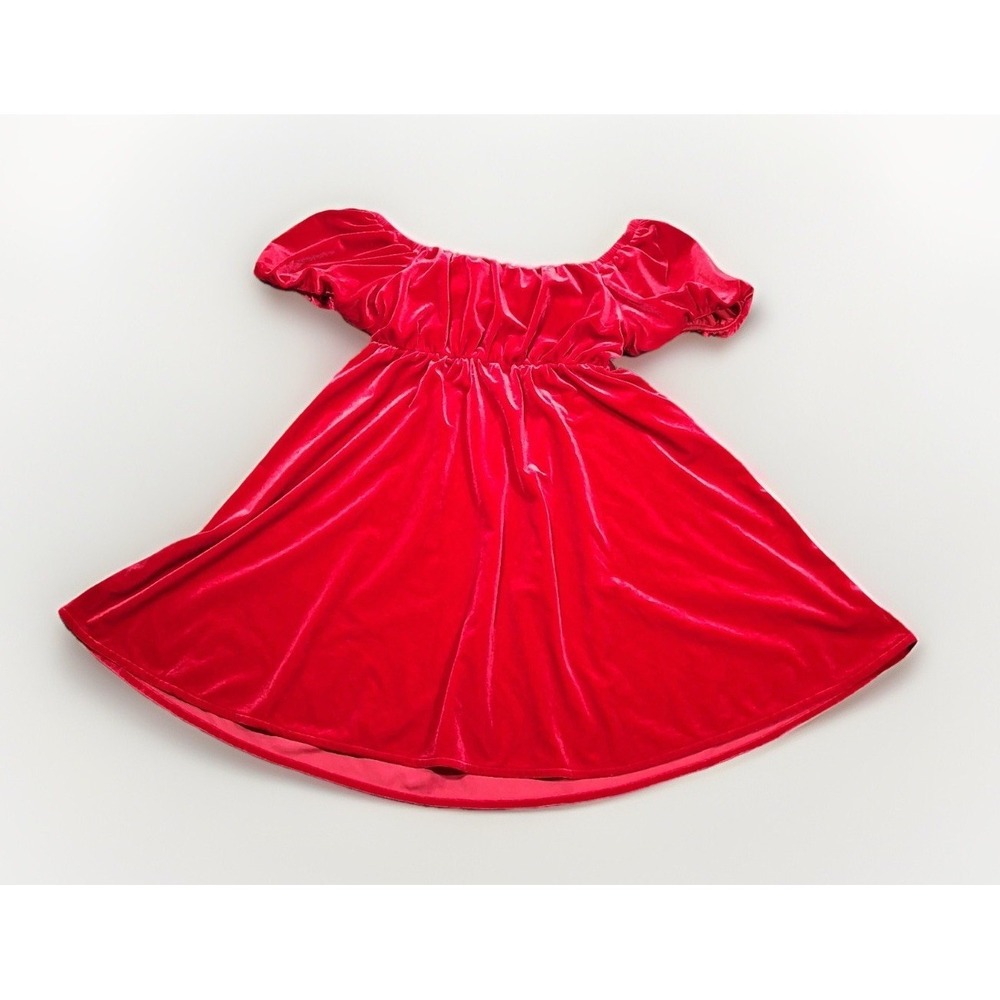 Sugar & Jade Teen Girl Velvet Woven Off Shoulder Dress Red Puff Sleeves Large